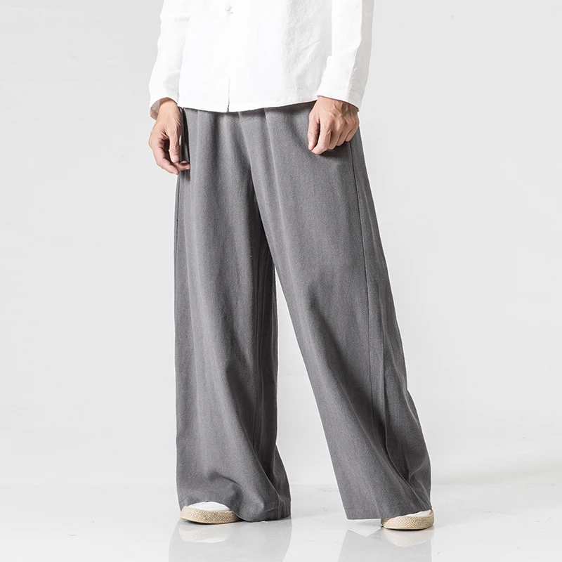 New Cotton Linen Extra Wide Leg Pants Men Chinese Style Male Fashion Loose Comfortable Trousers Solid Drawstring Harem Pants