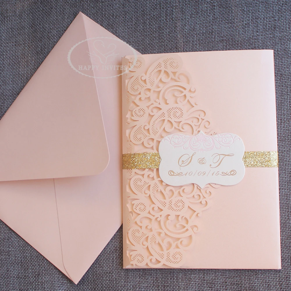 HI3047-13 Custom Pink Pocket Fold Wedding Invitation Card with Gold Foil Made in China