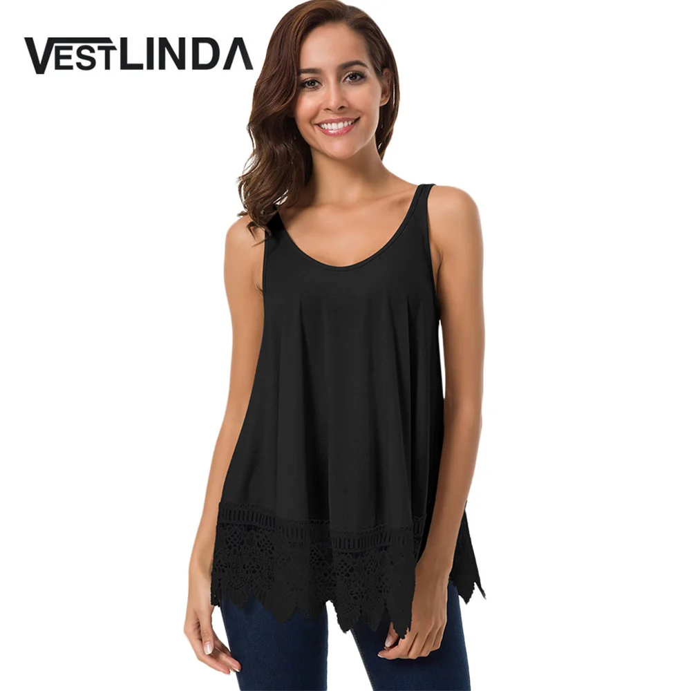 VESTLINDA Summer Casual Tank Tops O Neck Sleeveless Spliced Lace