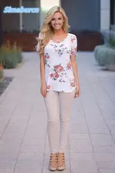 Пикантные с цветочным принтом летние футболки Для женщин с круглым вырезом пуловер с короткими рукавами женские футболки плюс Размеры 3XL