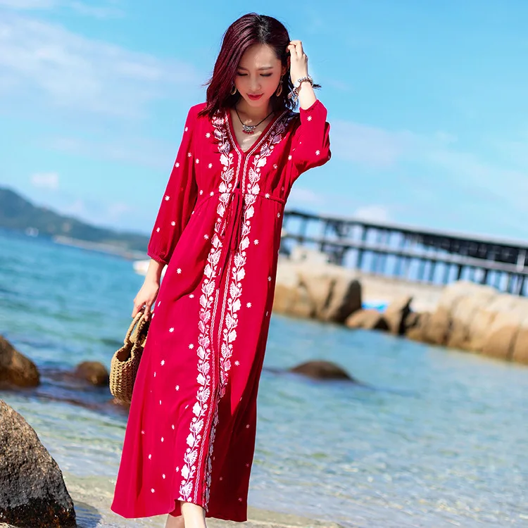 

S-4XL 2019 new summer bohemian beach long sleeve maxi dress red white solid vacation leisure plus size female sundress