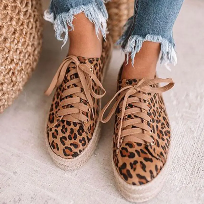 

MoneRffi Summer Flats Canvas Shoes Casual Vulcanize Shoes Sneakers Low-cut Lace-up Trainers Femme zapatos de mujer Leopard Shoes