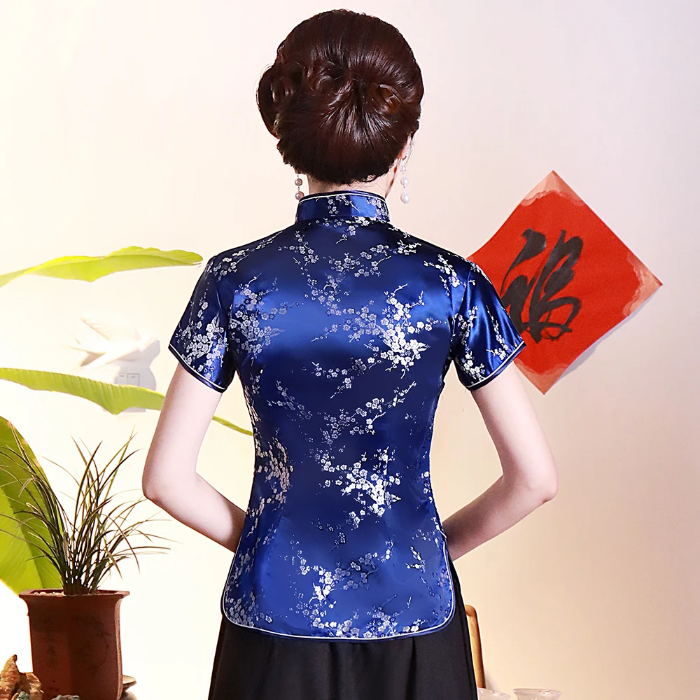 Ретро синий китайский леди атласная блузка цветок элегантная летняя рубашка Мандарин Воротник размера плюс Топы традиционная одежда S-4XL