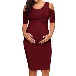 2019 новое летнее платье для беременных с открытым плечом и коротким рукавом, с круглым вырезом, облегающие платья для отдыха однотонная