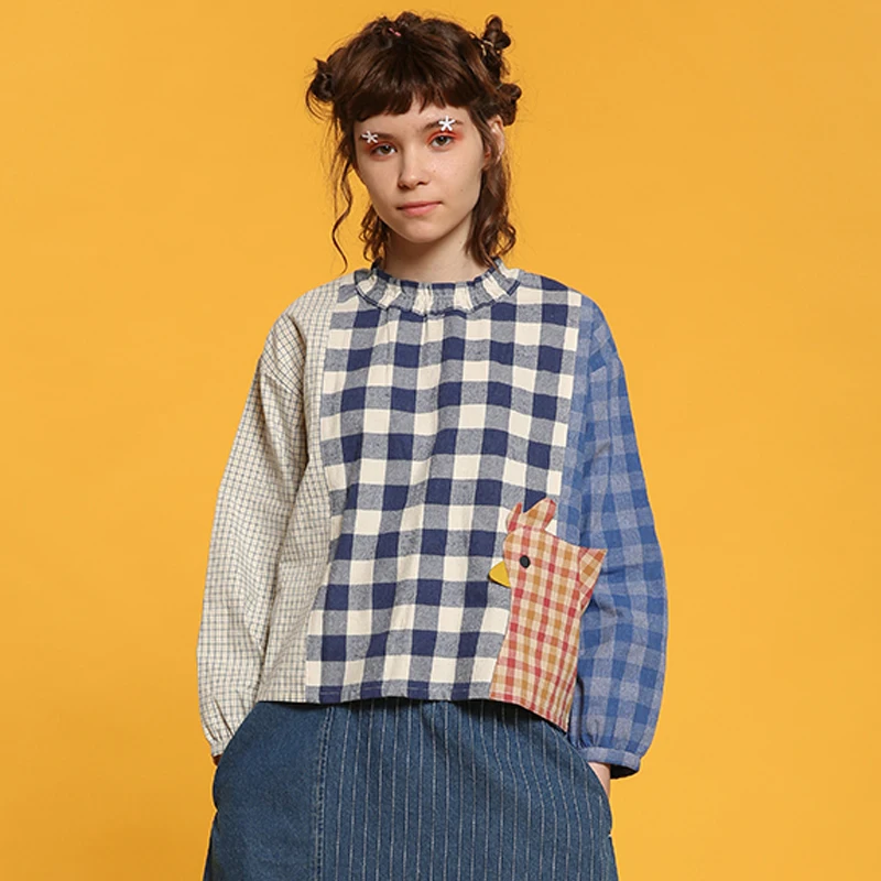 

Harajuku Fashion Women Blouse Plaid Patchwork Ruffled Female Shirts Cotton Original High Quality Personality Full Sleeve Spring