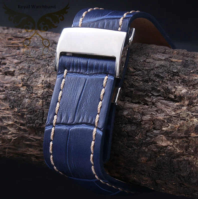 New Bule Watch Band 22mm 24mm Crocodile Pattern Genuine Leather Watch Strap Silver Polished Deployment Clasp