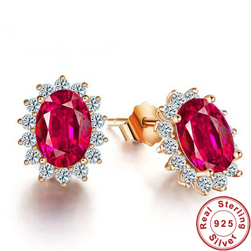 Новые роскошные серьги-гвоздики для женщин из чистого серебра 925 пробы, ювелирные изделия из розового золота, красные серьги из корунда