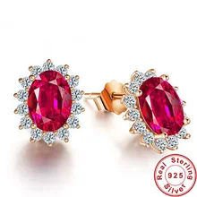 Новые роскошные серьги-гвоздики для женщин из чистого серебра 925 пробы, ювелирные изделия из розового золота, красные серьги из корунда