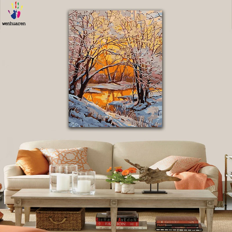 

DIY colorings pictures by numbers with colors Snowy landscape in the sunset picture drawing painting by numbers framed Home