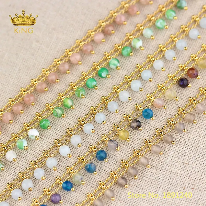 

5meters 4mm Natural Agates Loose Beads Chains,Round Achate Plated Gold Copper Links Stones Rosary Chain Findings Chokers HX215
