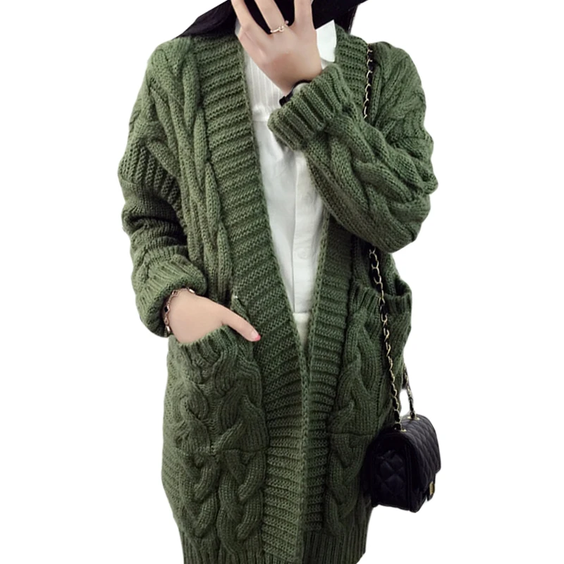 

Long Style Twist Sweater Womens Autumn Winter Casual Loose Student Knitting Cardigans Deep V Neck Thick Invierno Outerwear XH863