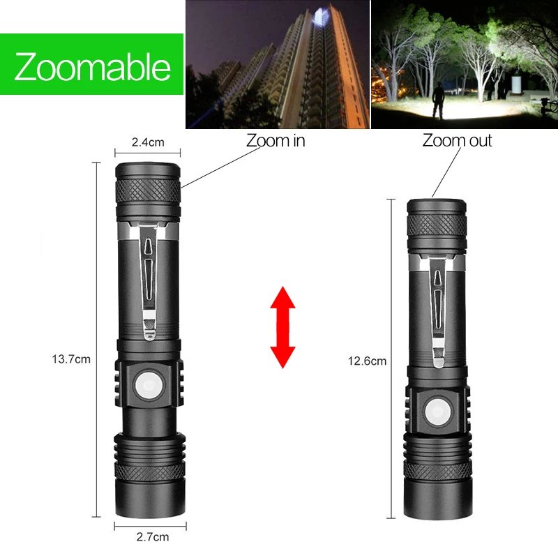 T6/L2/V6 светодиодный фонарик, Мощный USB фонарь, тактический фонарь с 18650 зумом, регулируемым фокусом для кемпинга, пеших прогулок