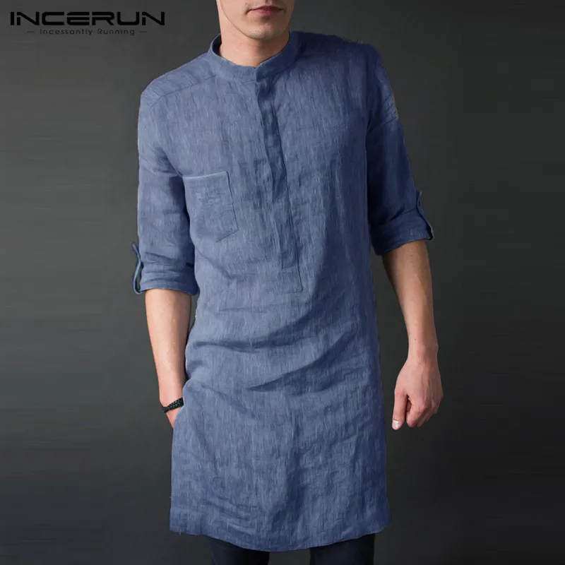 

INCERUN Men Shirt Long Sleeve Stand Collar Solid Color 2019 Casual Retro Pullovers Loose Long Shirts Men Indian Kurta Suit S-5XL