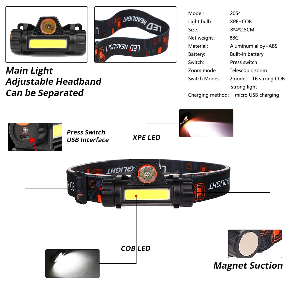 Светодиодный налобный фонарь COB рабочий светильник XPE водонепроницаемый головной светильник на магните со встроенным аккумулятором 18650 подходит для рыбалки кемпинга с подарком