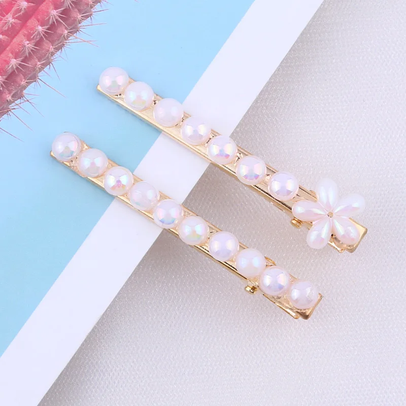 2pcs/set Pearl Flower Hair Clips Alligator Duckbill Long Hairpins Barrettes Candy Rainbow Color Hair Accessories for Women Girls - Цвет: Flower-White