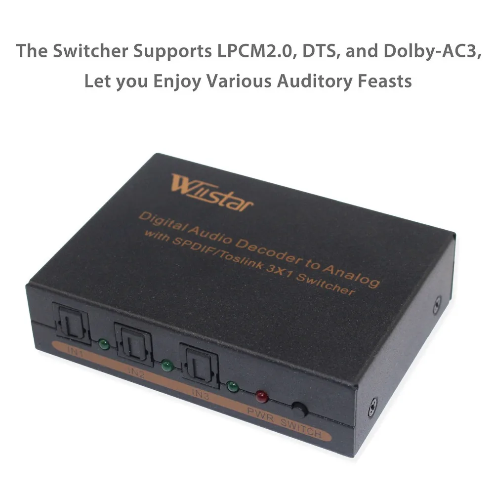

Wiistar Digital Aduio Decoder SPDIF Splitter 3X1 SPDIF to RCA L/R Audio Toslink Switcher 5.1 audio decoder