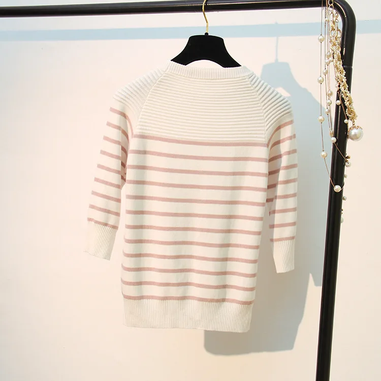 Quality Women Pullover Sweater Spring Autumn Half Sleeve Pullovers Button Decoration Striped Knitted Sweaters Female Tops D313 Quality Women Pullover Sweater Spring Autumn Half Sleeve Pullovers Button Decoration Striped Knitted Sweaters Female Tops D313