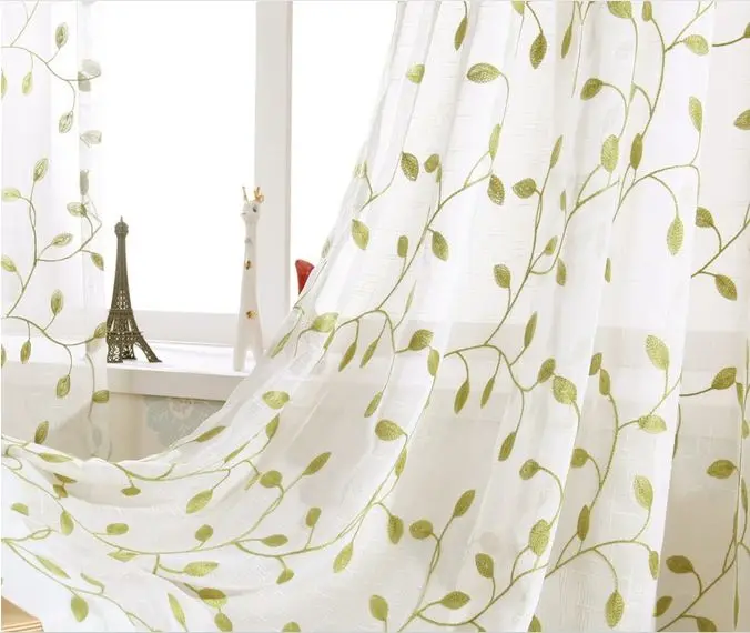 Embroidery Leaves Sheer Tulle Curtains For Living Room Window Screening Eyelets 