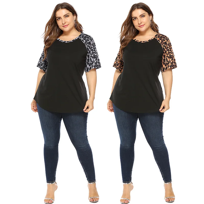 المرأة زائد حجم 4XL تي شيرت 2019 الصيف يا الرقبة ليوبارد نصف الأكمام فضفاضة قمم الإناث عارضة الأزياء المحملة كبير الحجم تونك قمم