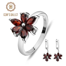 Ювелирный Набор для женщин из натурального красного граната с цветами и драгоценными камнями, 4.16Ct, 925 пробы, серебряные серьги, кольцо, хорошее ювелирное изделие