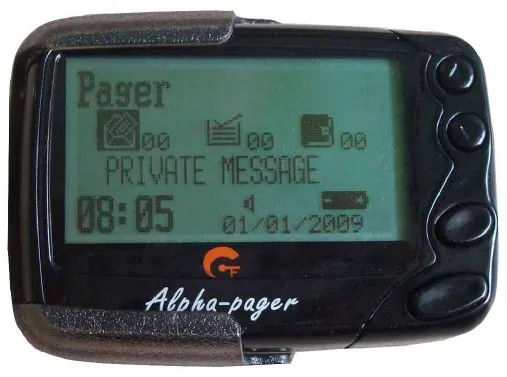 Text message pager, wireless paging system receiver, portable