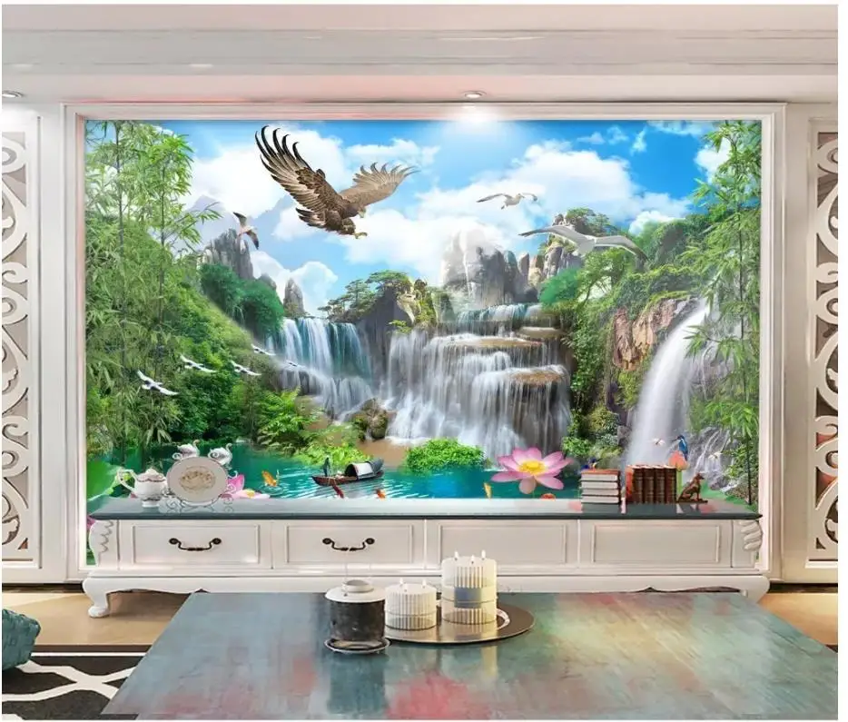 

Custom photo wallpaper for walls 3 d murals wallpaper Waterfall, eagle, Idyllic landscape painting, decorative painting wall