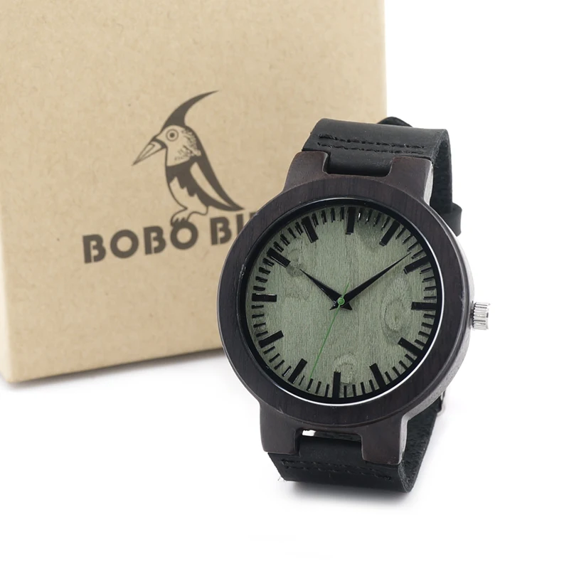 BOBO BIRD C25 Vintage Ebony Wood Men Watch With Green Wood Dial With Real Leather Strap as Gift In Gift Box