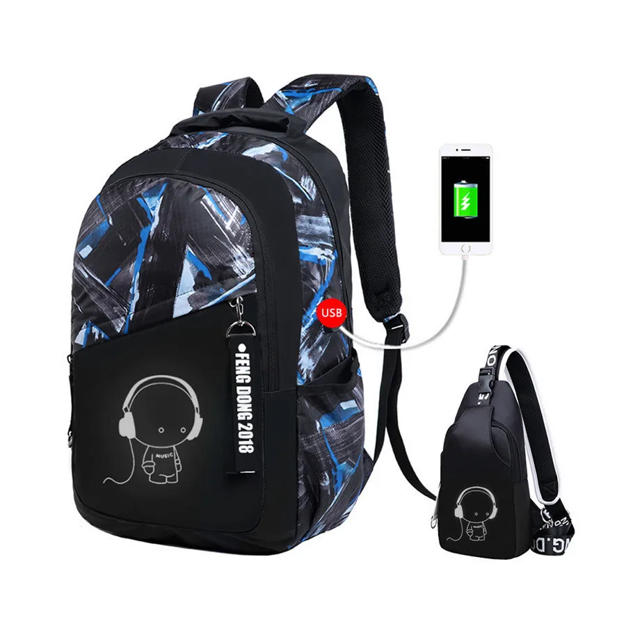 

USB Charging Children School Backpack Schoolbag School Bags For Teenagers Boys Bagpack Waterproof Backpack Kids Chest Bag Set