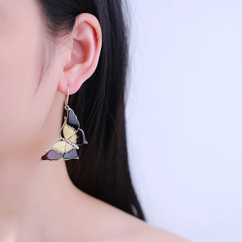 

JIUDUO Female Fashion Personality Butterfly Amber Drop Earrings S925 Wedding identification design factory direct special packag