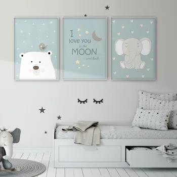 

Polar Bear Bird Elephant I Love You to the Moon and Back Children's Wall Art Poster Baby Room Canvas Print Nursery Wall Decor