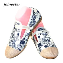 Удобные женские лоферы из хлопчатобумажной ткани с круглым носком на плоской подошве, с пуговицами, пеньковым носком, с цветочным принтом, нескользящая подошва, дышащая прогулочная обувь на плоской подошве