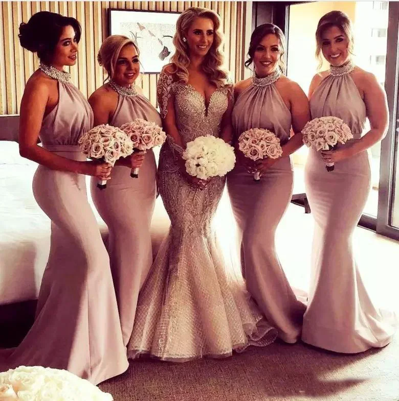 2019 Великолепная Холтер Бледно-розовый русалки длинное свадебное платье для Свадебная вечеринка фрейлина платья с кружевом аппликация