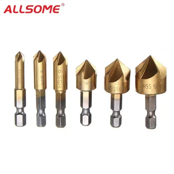 

ALLSOME 6pcs 6mm-19mm 5 Flute Countersink Drill Bit Set 90 Degree Counter Sink Chamfer Cutter 1/4 Inch Hex Shank HT1738+