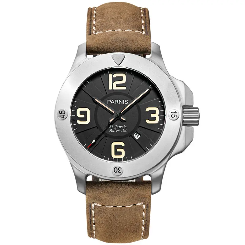 Parnis Commander Seriers Luminous Mens Sapphire Glass Leather Watchband Military Sport Automatic Mechanical font b Watch