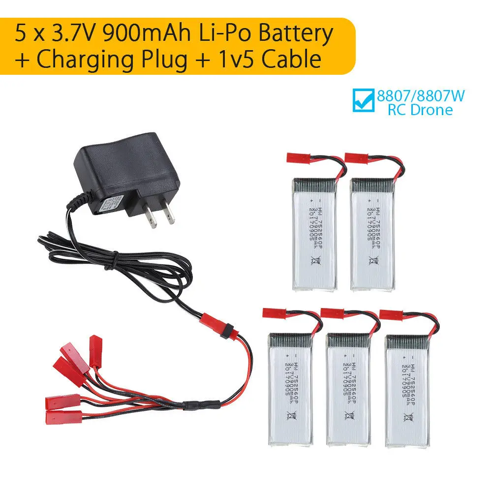 

TOMLOV 5x 3.7V 900mAh Li-Po Rechargeable Battery JST Plug+1v5 Cable+Charging Plug for 8807/8807W RC Drone
