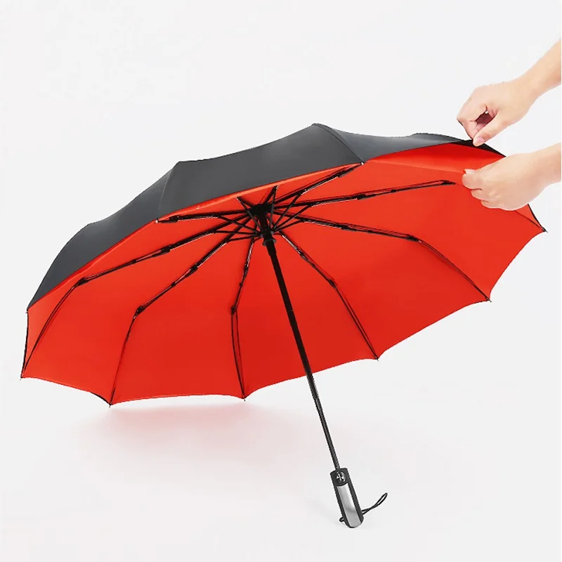 Двухслойный складной автоматический зонтик для женщин, Автоматический ветрозащитный зонтик для мужчин с черным покрытием, Ветрозащитный зонтик