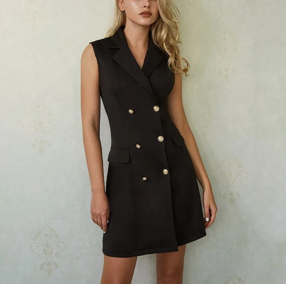 

Elegant double breasted women dress Office casual blazer black dress 2019 summer sleeveless slim suit ladies dresses