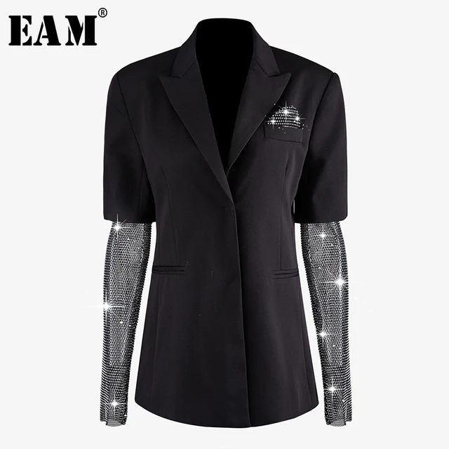US $51.66 [EAM] 2020 New Spring Summer Stand Neck Long Spliced Sleeve Nail Drill Bling Personality Jacket Wom