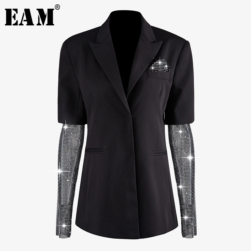 

[EAM] 2020 New Spring Summer Stand Neck Long Spliced Sleeve Nail Drill Bling Personality Jacket Women Coat Fashion Tide JX889