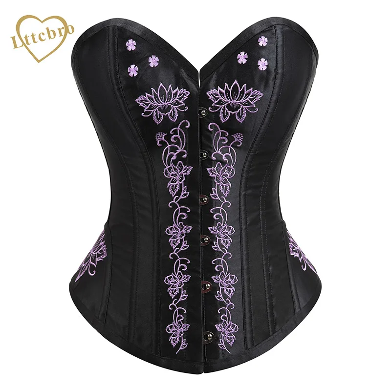 Overbust Steel Boned Embroidery Lace Up Back Corset Bustier Top S 2XL