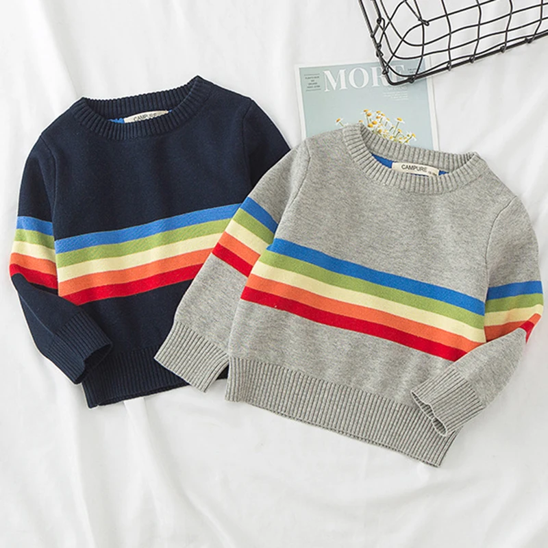 

Autumn Baby Knitted Sweater Coat Baby Girl Long-sleeve Rainbow Striped Sweaters Infant Boys Casual Cotton Clothes Baby Cardigan