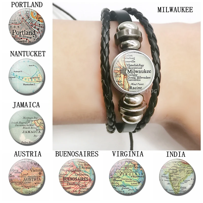 

Vintage Map Bracelet , DIY Glass Cabochon Portland Nantucket Milwaukee Leather Woven Braceletet Charm Jewelry Travel Bracelet