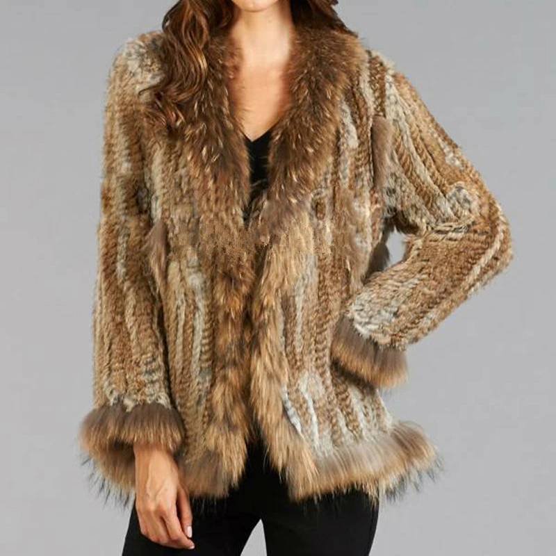MEEFUR Real Knitted Rabbit Fur Coats for Womens with Raccoon Fur Collar