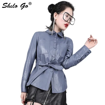 

SHILO GO Leather Jacket Womens Spring Fashion sheepskin genuine leather coat lapel collar single breasted bow belt concise jacke