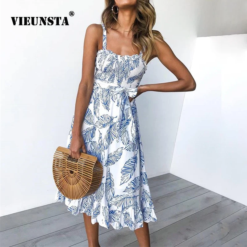 Preise VIEUNSTA Frauen Weg Schulter Rüschen Strand Sommerkleid 2019 Tunika Floral Print Sleeveless A Line Kleid Sommer Schärpen Midi Party Kleid