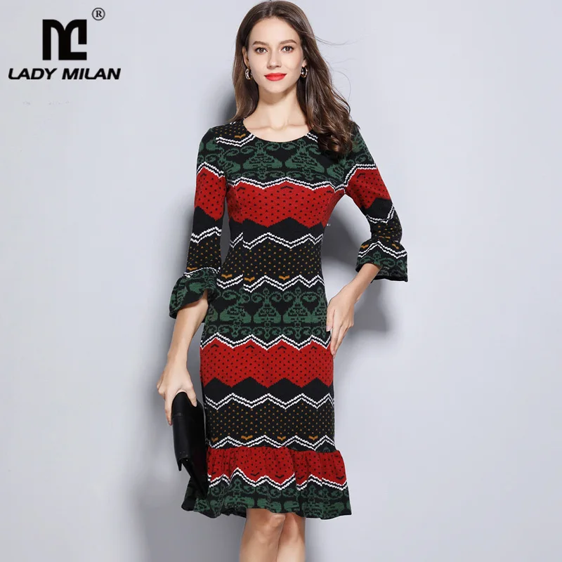 

2019 Women's Runway Dresses O Neck 3/4 Sleeves Printed Ruffles Knitted Elegant Fashion Dresses
