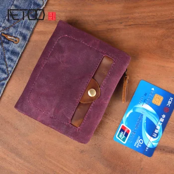 

AETOO Vintage leather men make old short wallets, handmade zipper wallet, head cowhide large capacity Lady purse
