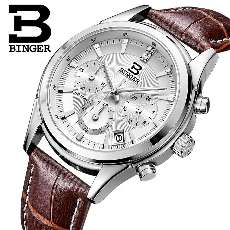 Prix pour Suisse BINGER hommes montre de luxe de marque Quartz étanche véritable bracelet en cuir auto Date Chronographe horloge BG6019-M Prix pour Suisse BINGER hommes montre de luxe de marque Quartz étanche véritable bracelet en cuir auto Date Chronographe horloge BG6019-M