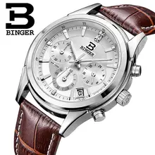 Switzerland BINGER men’s watch luxury brand Quartz waterproof genuine leather strap auto Date Chronograph clock BG6019-M
