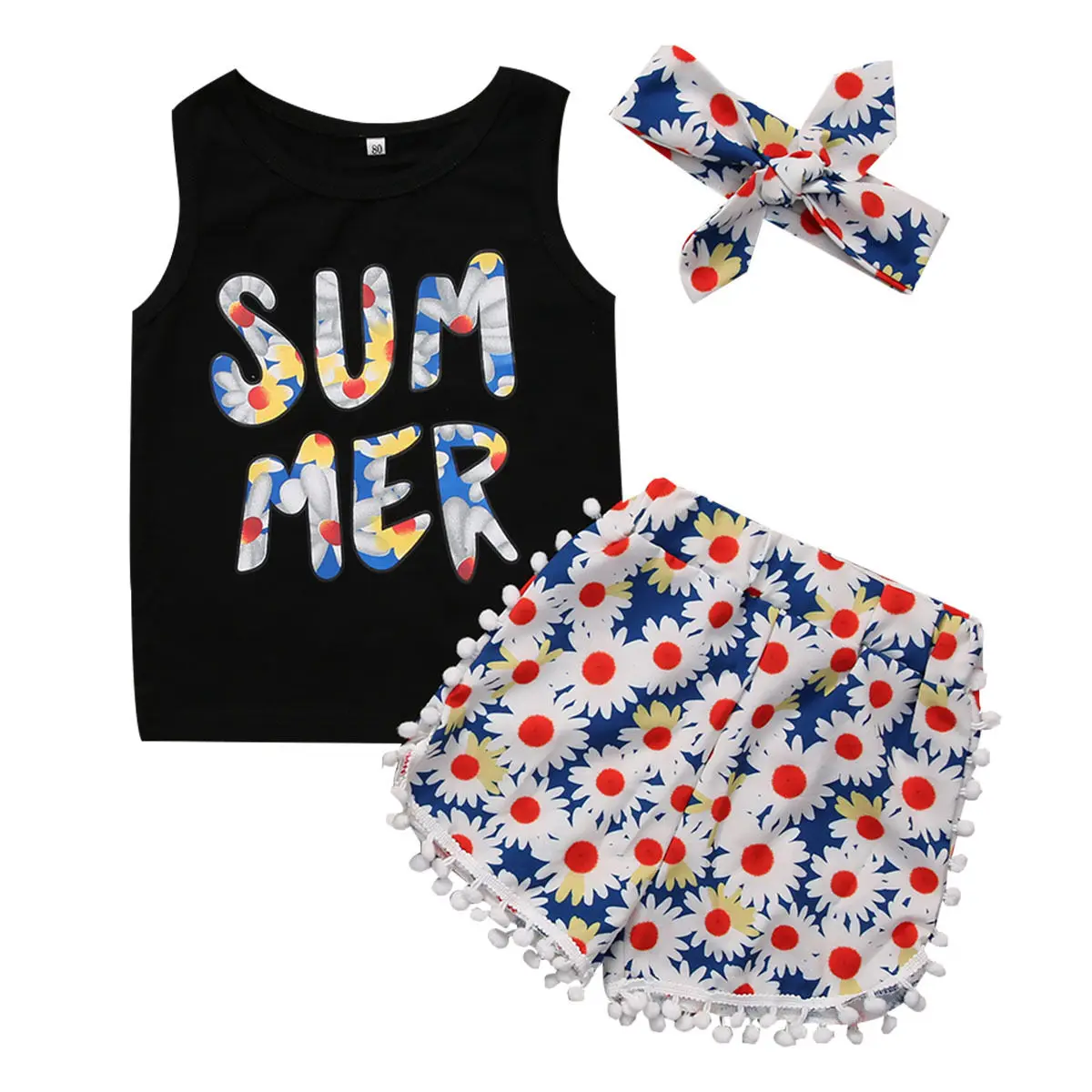3Pcs/set Summer Kids Girls Clothes set Floral T shirts Tops +Pants +Headband Outfits Age 2